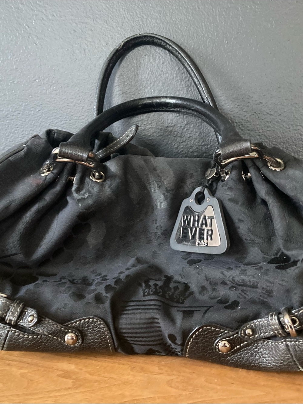 Y2K '90's Juicy Couture Black Satchel Handbag with 'WHATEVER' Charm - Picture 1 of 12